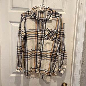 Natural Reflections Top Women’s XL Ivory Plaid Embroidered Button Up Boho Cotton